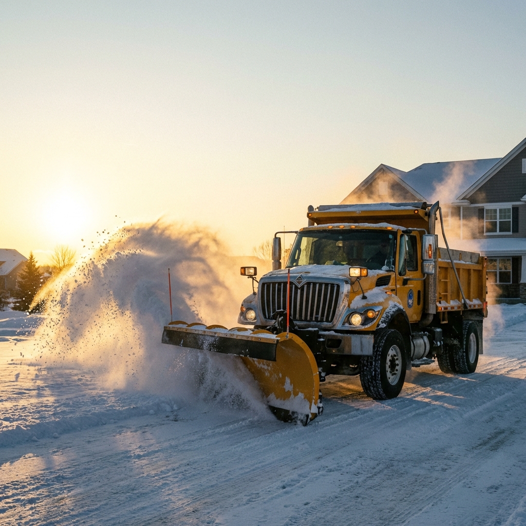 Yellow snow plow truck clearing a driveway